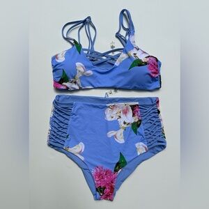 TiniBikini Floral Reversible Bikini XL periwinkle blue, pink & white floral NWOT